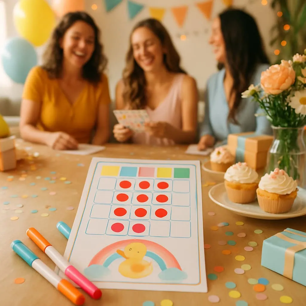 Three women playing Baby Bingo at a baby shower with a colorful Bingo card and festive decorations.