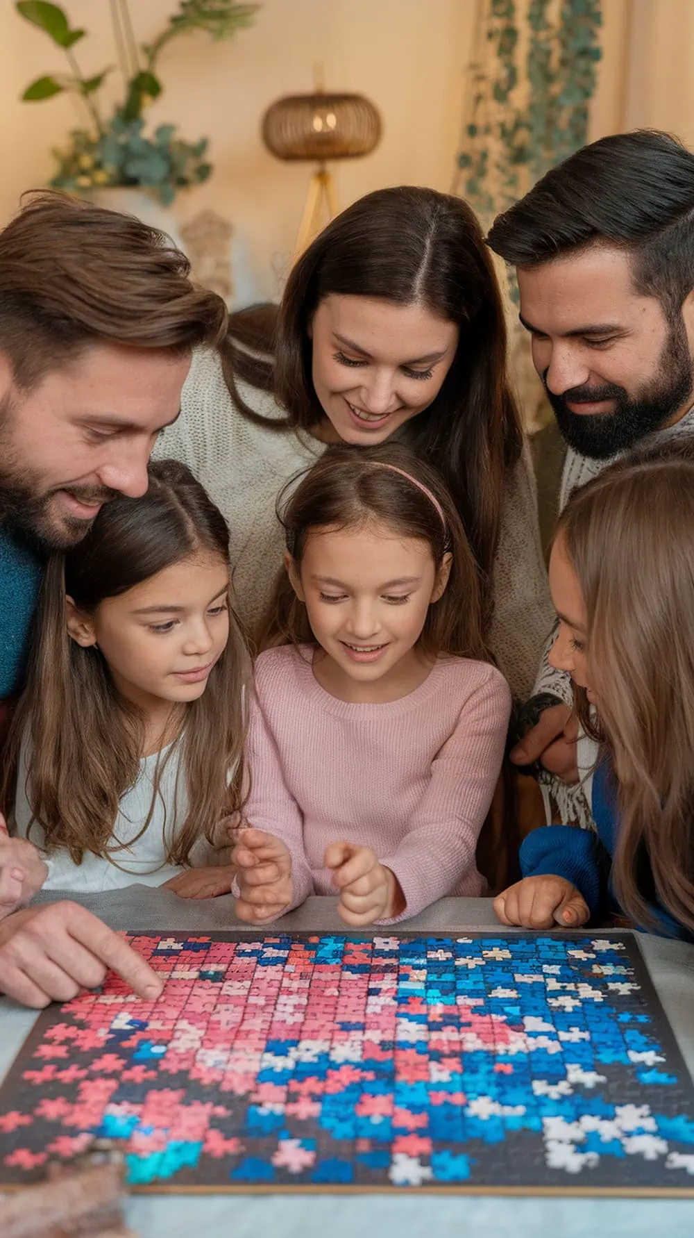 A family gathered around a puzzle, excitedly working together to reveal the gender of a baby.