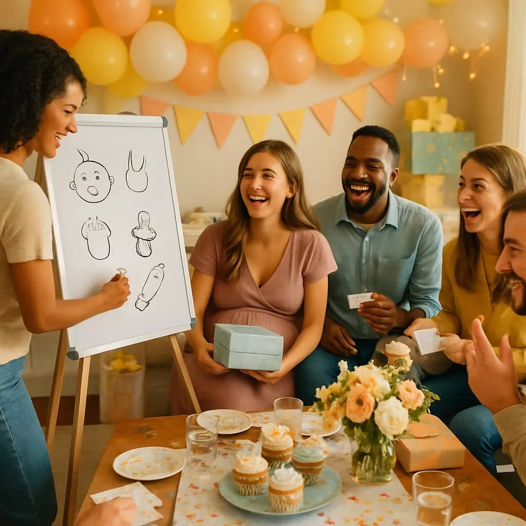 Group of friends playing Baby Shower Pictionary with drawings on a whiteboard and colorful decorations.