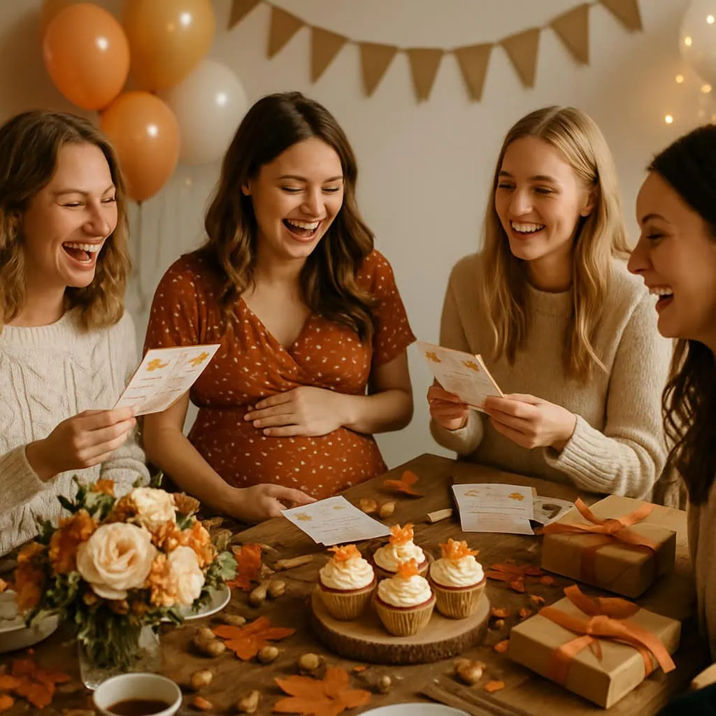 A joyful autumn baby shower scene with friends, featuring cupcakes, flowers, and autumn leaves.