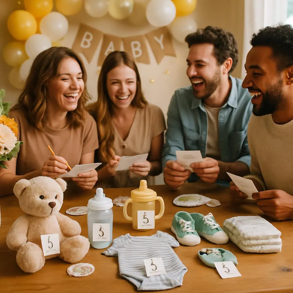 Group of friends playing The Price is Right: Baby Edition at a baby shower, surrounded by baby items and decorations.
