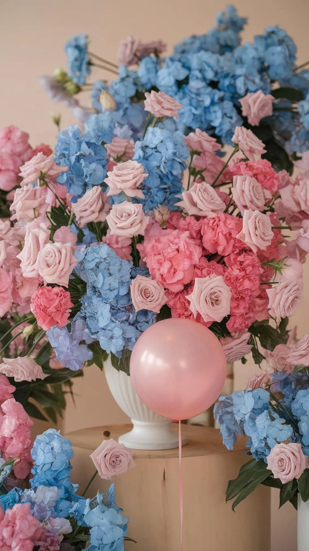 Colorful floral arrangements in pink and blue with a pink balloon for a gender reveal celebration.