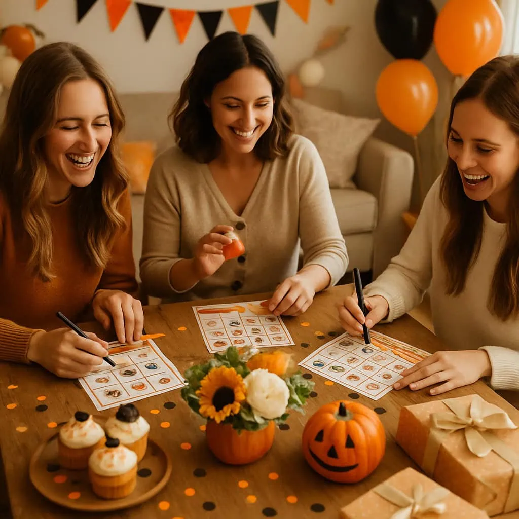 Three friends playing Halloween Bingo with baby-themed items, surrounded by festive decorations and treats.