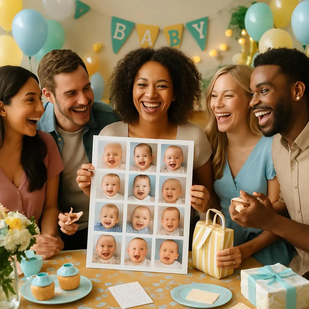 A group of friends enjoying the Who's That Baby? game at a baby shower, holding a sheet of baby photos.
