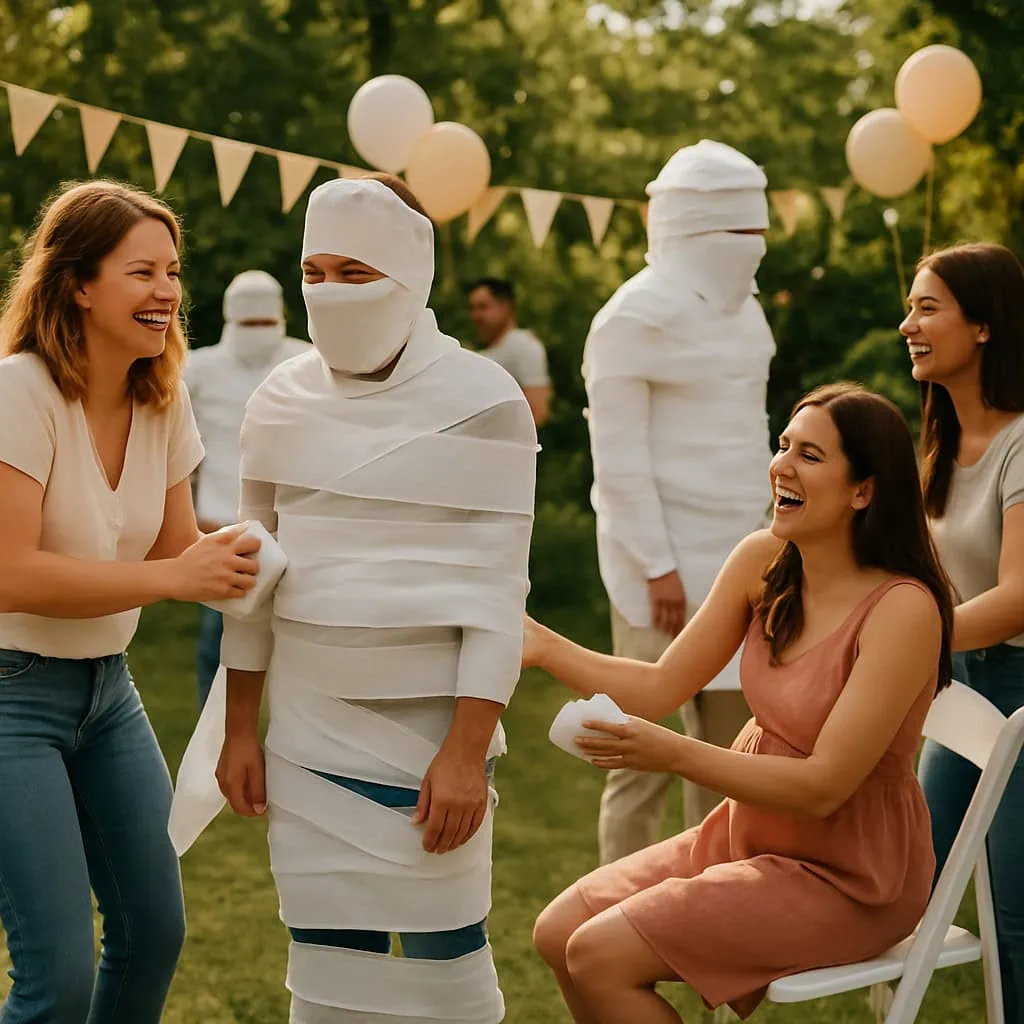 Participants in a mummy wrap relay race at a Halloween baby shower, laughing and wrapping one person in toilet paper.
