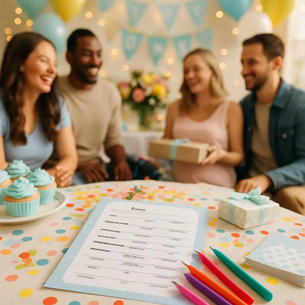 A group of friends at a baby shower playing Mad Libs with colorful decorations and cupcakes.