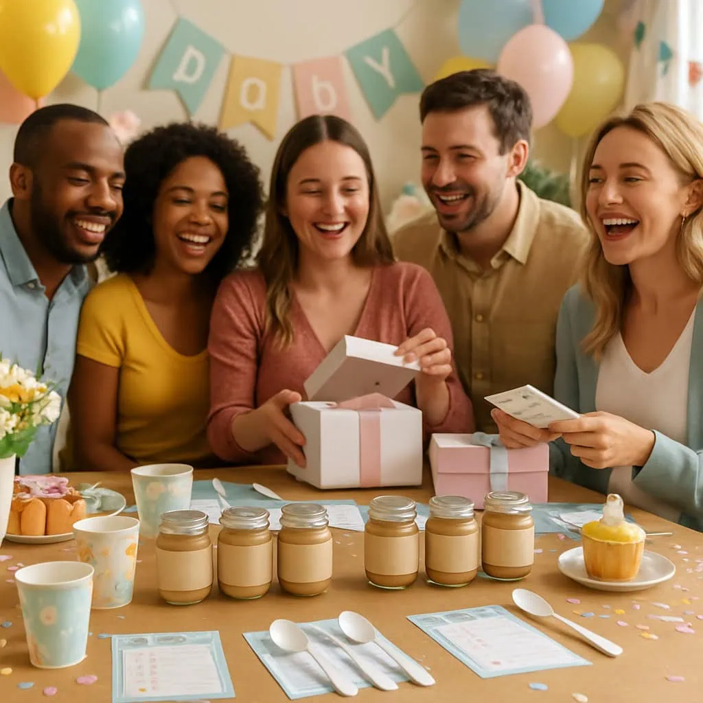 Group of friends enjoying a baby shower game with jars of baby food on the table.