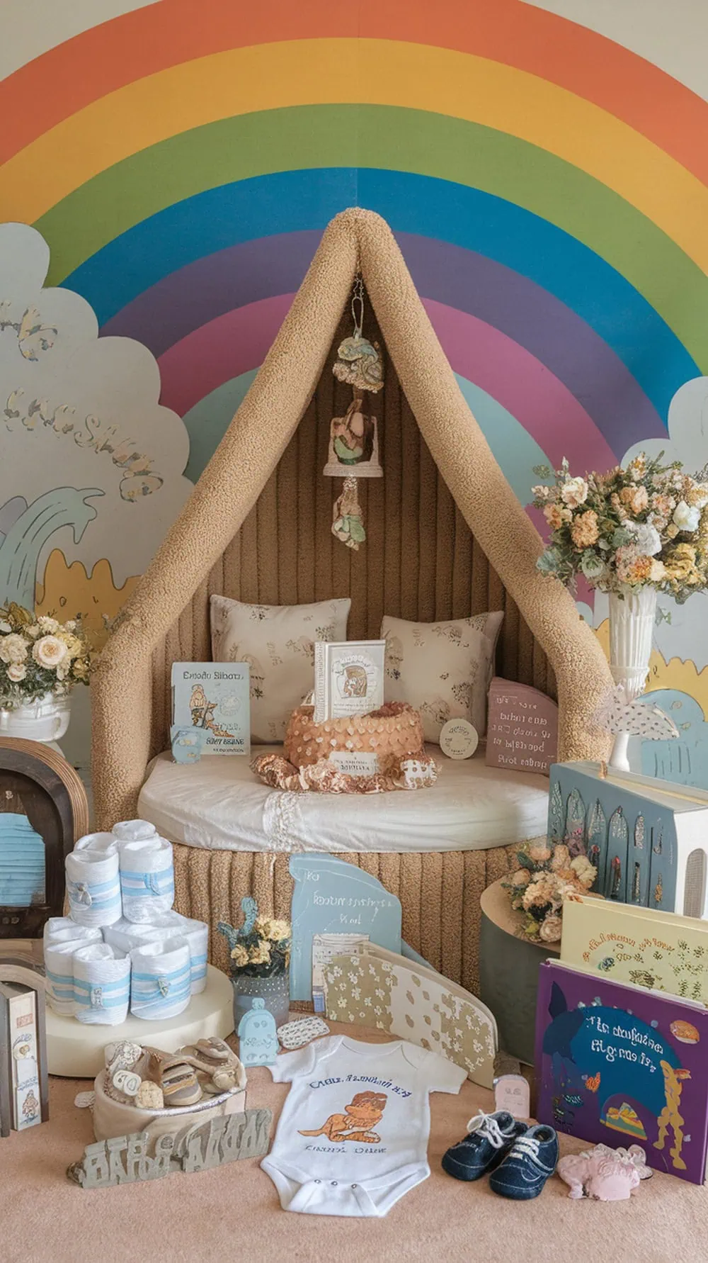 A cozy baby shower setup featuring storybook themes with plush decor, books, and whimsical elements.