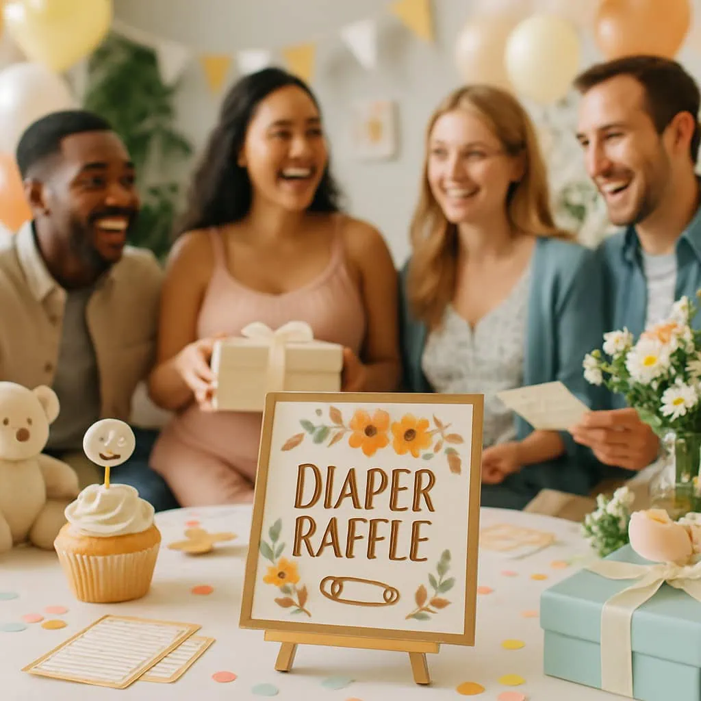 A group of friends enjoying a baby shower with a 'DIAPER RAFFLE' sign, cupcakes, and gift boxes.