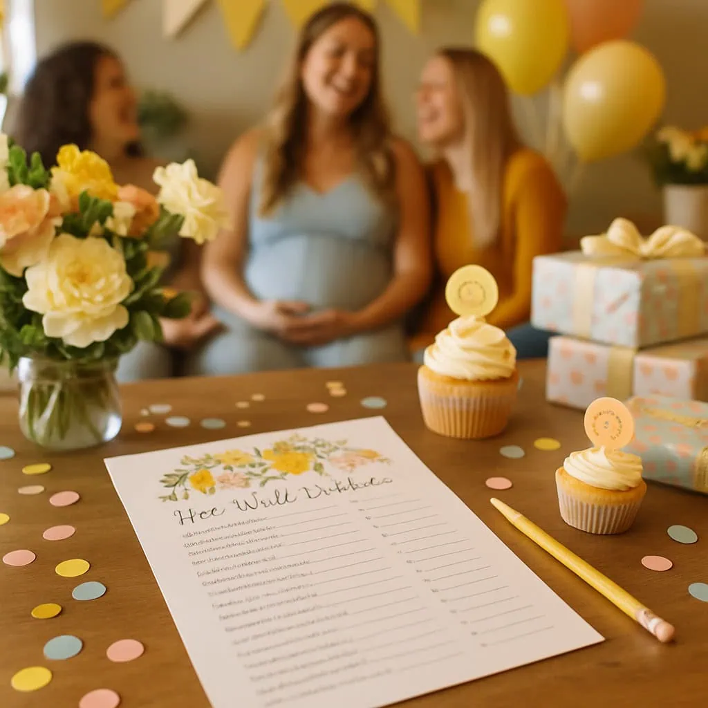 A baby shower scene featuring a quiz sheet, cupcakes, and a floral arrangement with guests in the background.