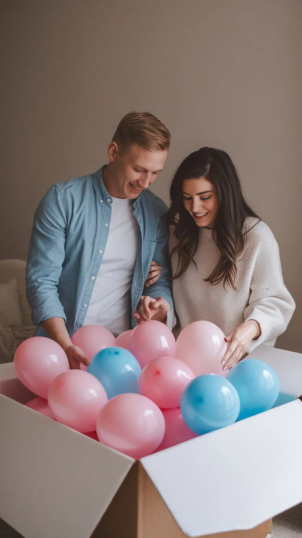 A couple joyfully preparing for a balloon box reveal, surrounded by pink and blue balloons.