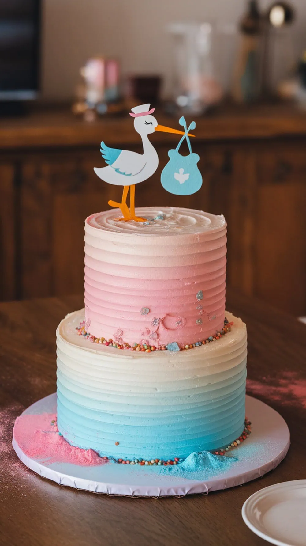 A two-tiered gender reveal cake with a stork topper, featuring pink and blue frosting.