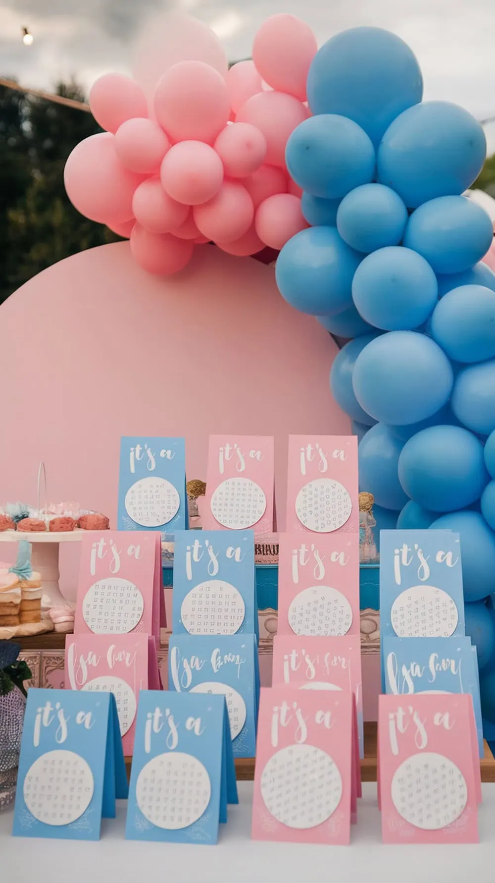 Colorful DIY gender reveal scratch cards in pink and blue with scratch-off areas.