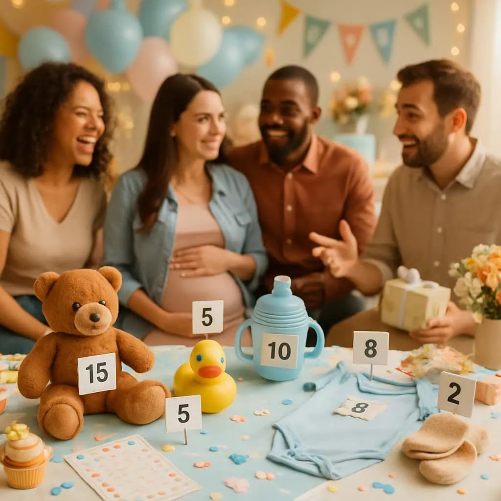 A group of friends playing the Baby Item Price Is Right game at a baby shower, with baby items on the table.