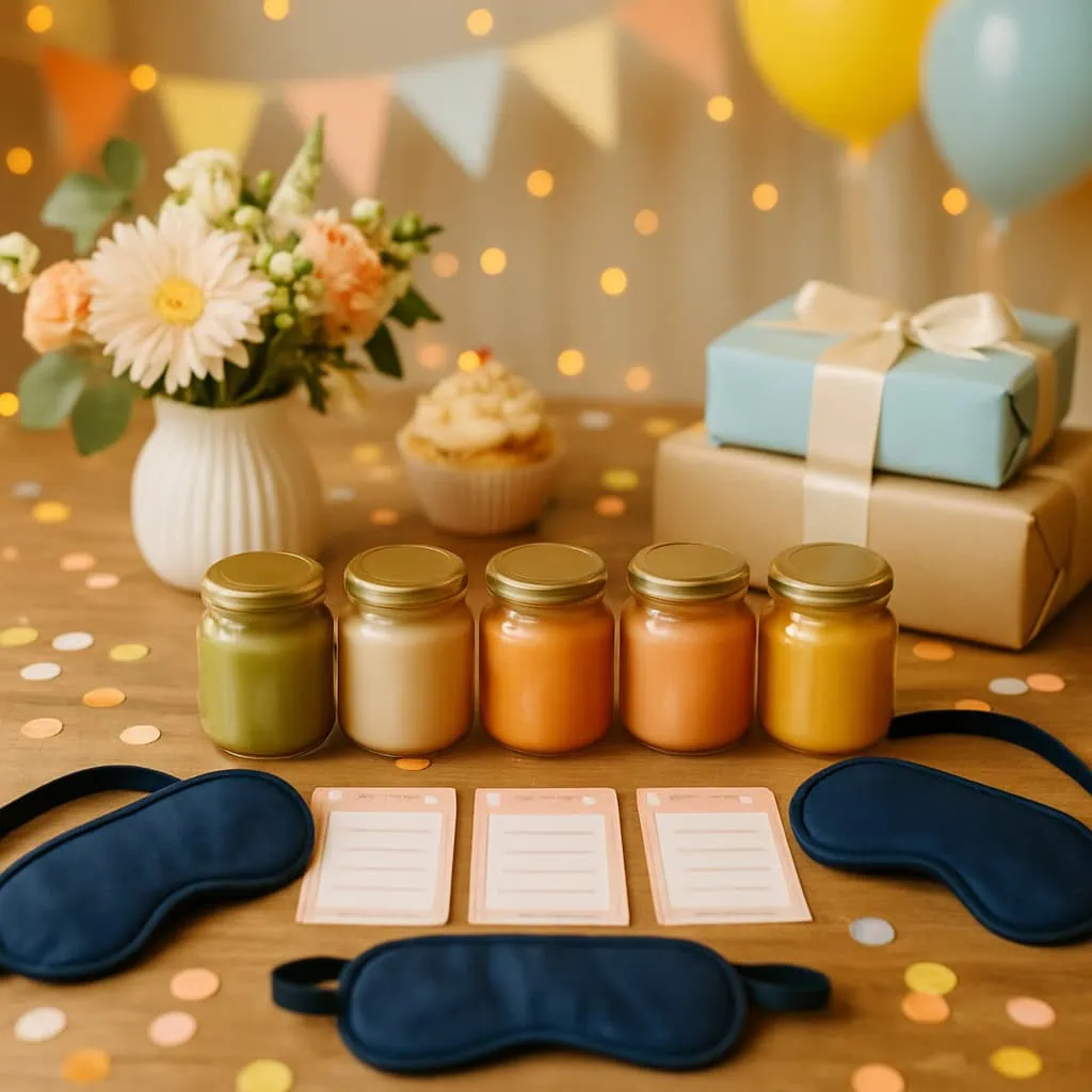 A setup for the Guess the Baby Food Challenge with jars of baby food, blindfolds, and scorecards.