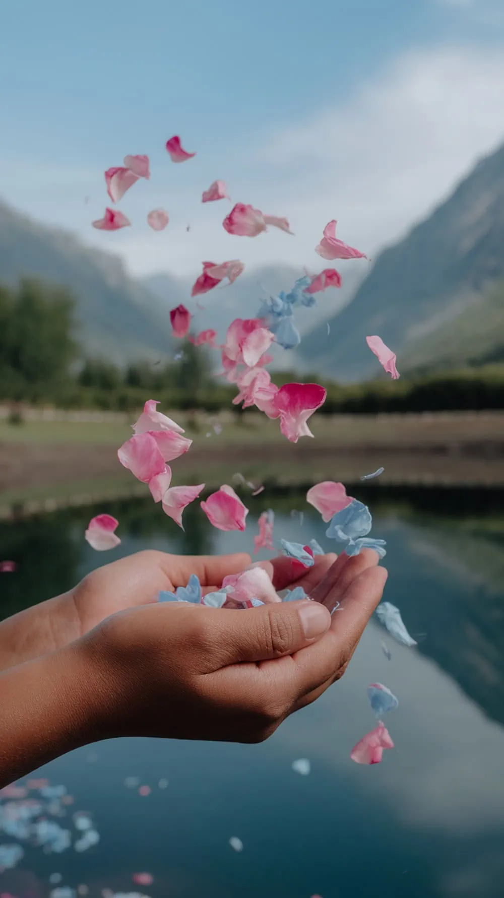 Hands releasing pink and blue flower petals into the air