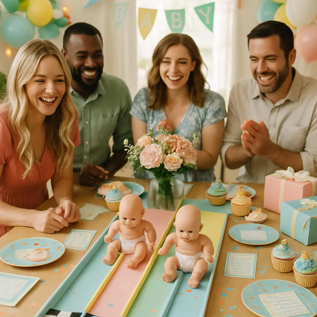 Group of friends enjoying a Diaper Derby Race game at a baby shower with baby dolls on colorful tracks.